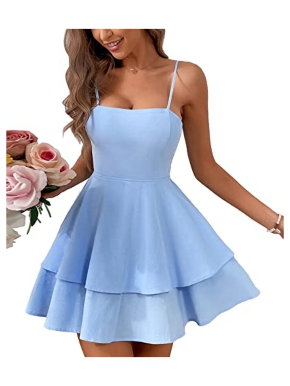 Women's Tie Back Spaghetti Strap Skater Mini Dress Ruffle A-Line Party